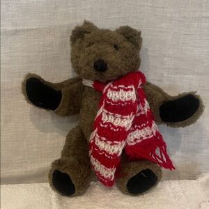 Brown Teddy Bear with Red and White Scarf
